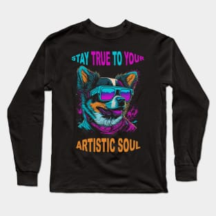 Dog Wearing Sunglasses - Retro Retrowave T-Shirt Design - Vector 2D Flat Punk Rock Graffiti Long Sleeve T-Shirt